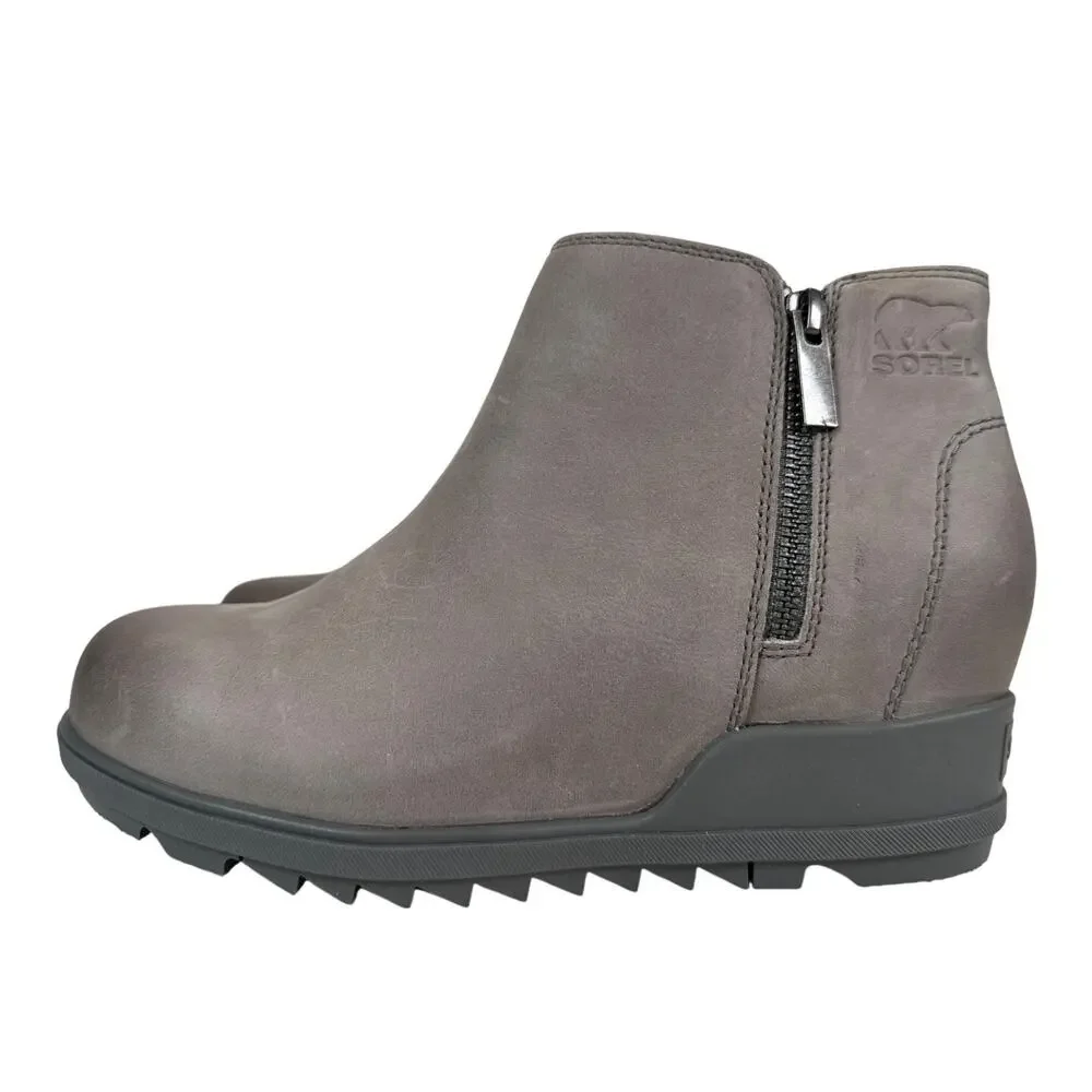 Sorel Evie Zip Bootie‎ Wedge Womens 8 Waterproof Grey Leather Quarry Sea Salt